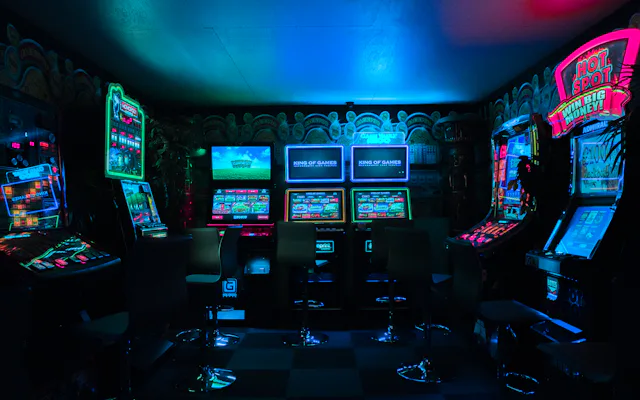 Gamer at a neon arcade setup, like MegaPerya's fishing games